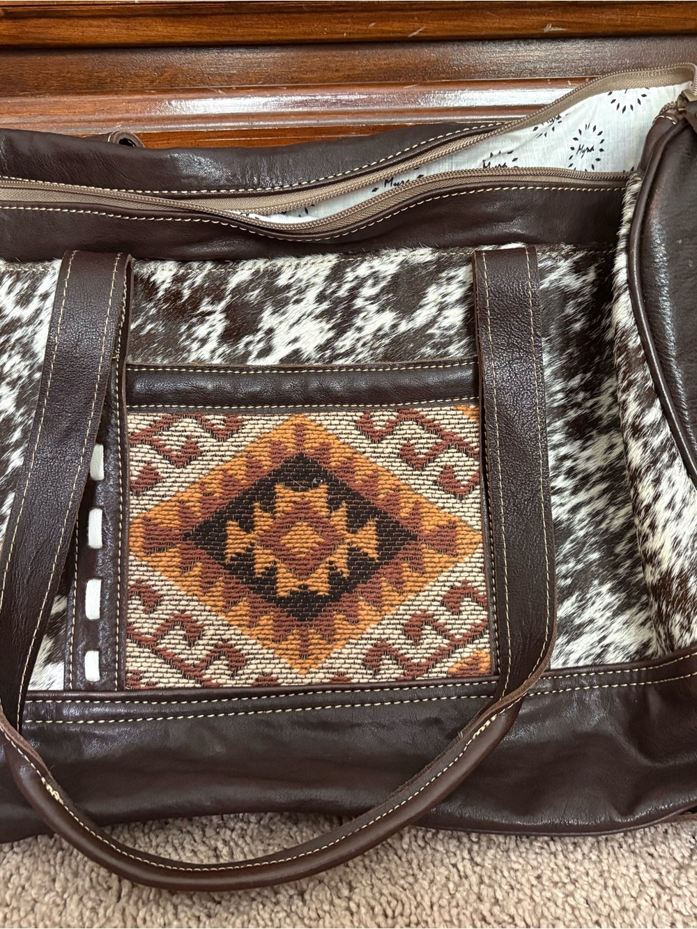 Myra Bag Beige Tote with Black Logo Print - Picture 2 of 8